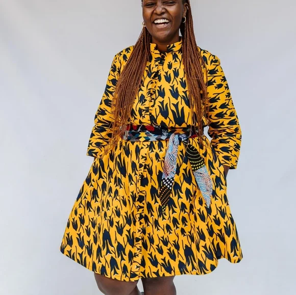 Vibrant Yellow and Black Long Sleeve Dress - Picture 1 of 5